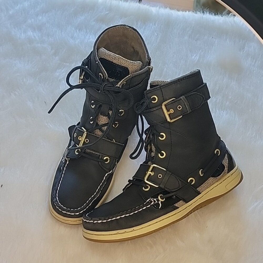 SPERRY Huntley Black Leather Zip Buckle Preppy Punk Deck Boat Shoe Ankle Boots 8